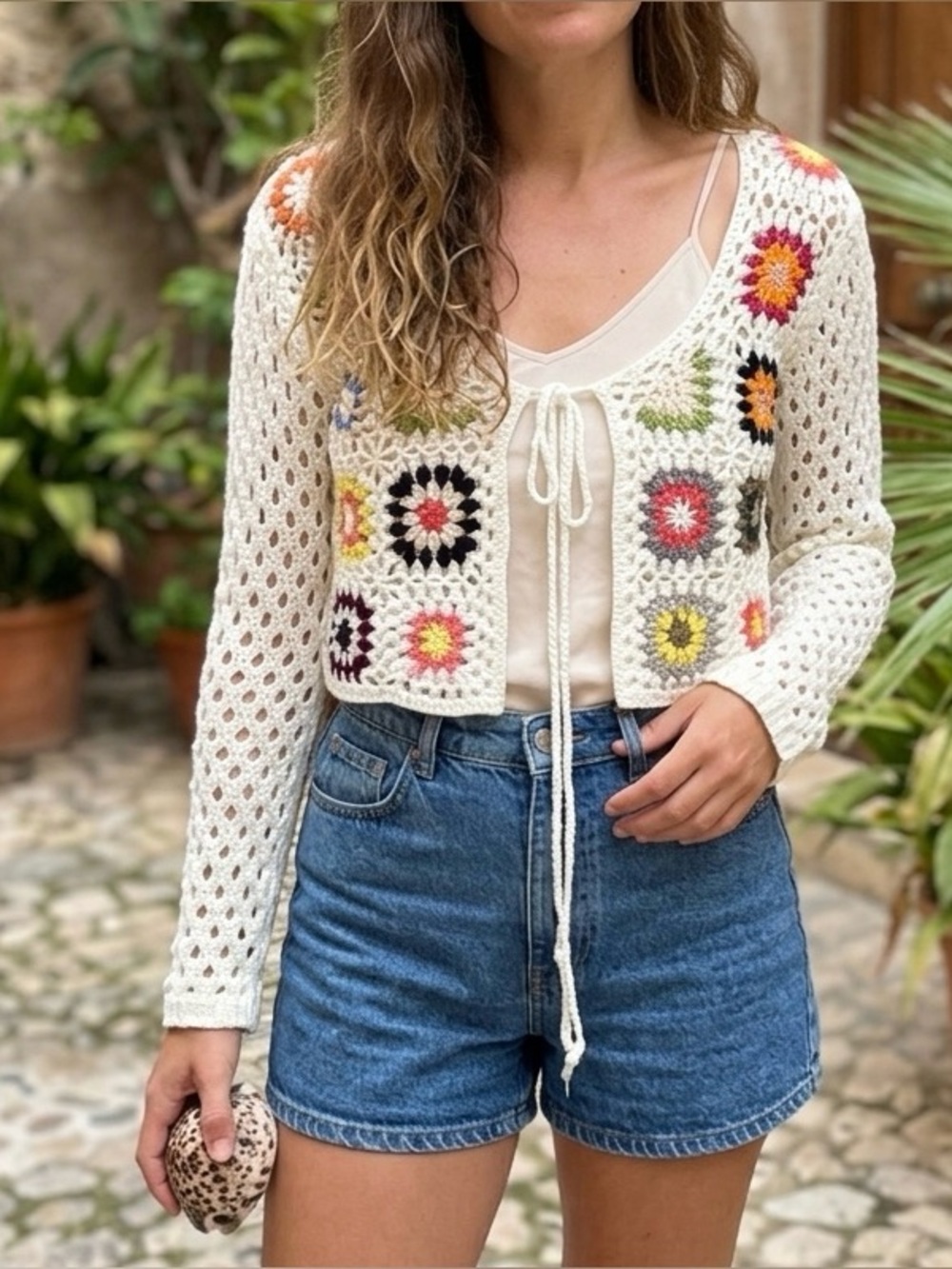 debut Cream Crochet Tie-Front Floral Accent Cardigan